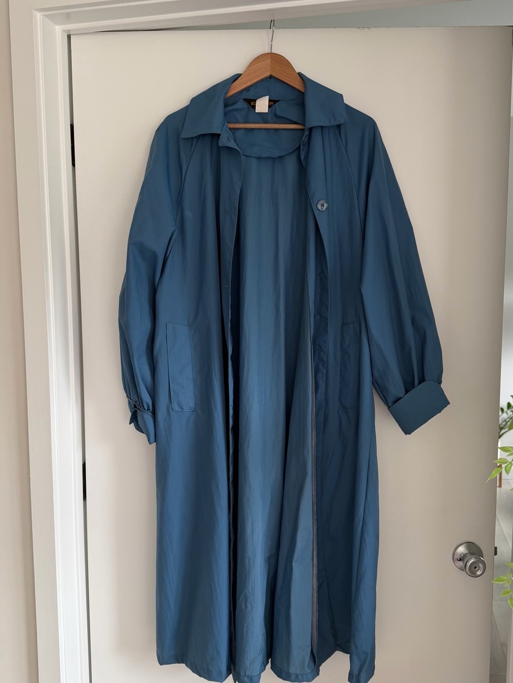 Vintage Aquasheen Blue Lightweight Nylon Maxi Trench Coat Duster Size Large